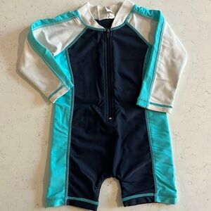 Snapper Rock rash sun suit in navy, teal and white.  Size 6-12M